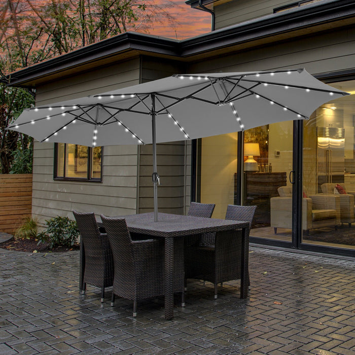445 cm Twin Patio Umbrella Double-Sided Umbrella with 48 LED Lights-Beige