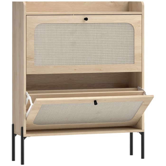 HOMCOM Shoe Cabinet with 2 Flip Drawers, Boho Narrow Shoe Storage Cabinet, Oak