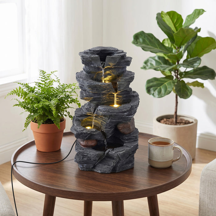 45.5 cm Outdoor Water Fountain with LED Lights and 5-Tier Tabletop Cascading Rock Waterfall Feature