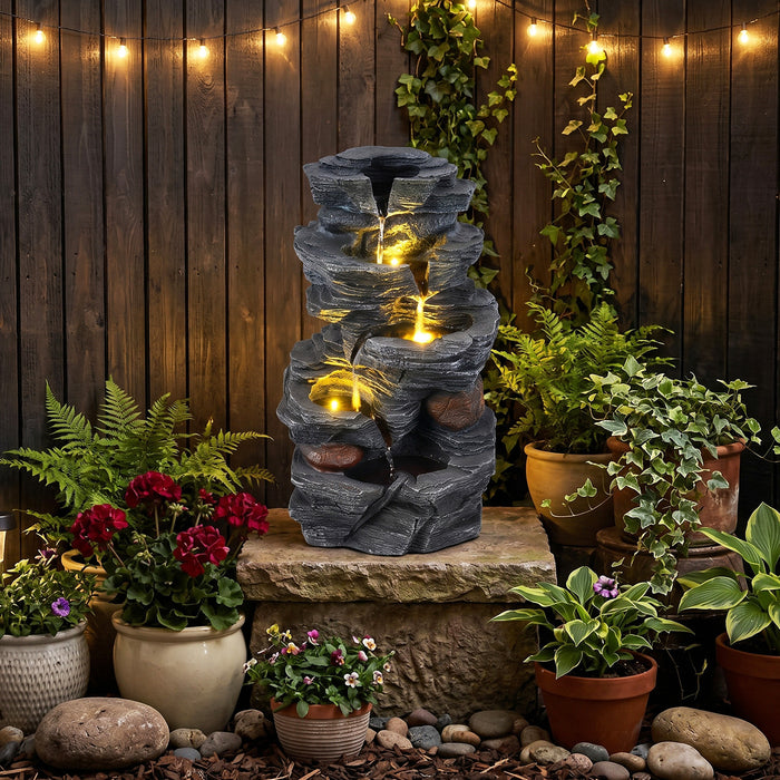 45.5 cm Outdoor Water Fountain with LED Lights and 5-Tier Tabletop Cascading Rock Waterfall Feature
