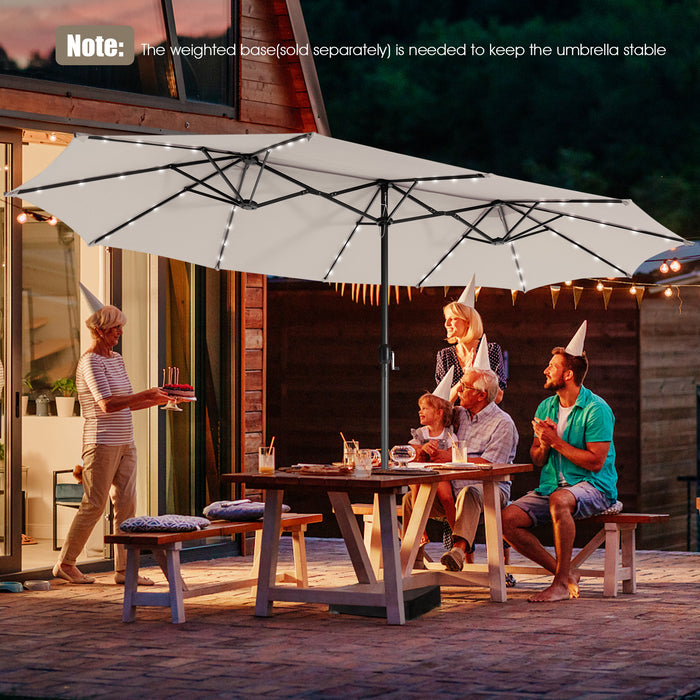 460 cm Twin Patio Umbrella with 48 LED Lights and Auto-Charging Solar Panel-Beige