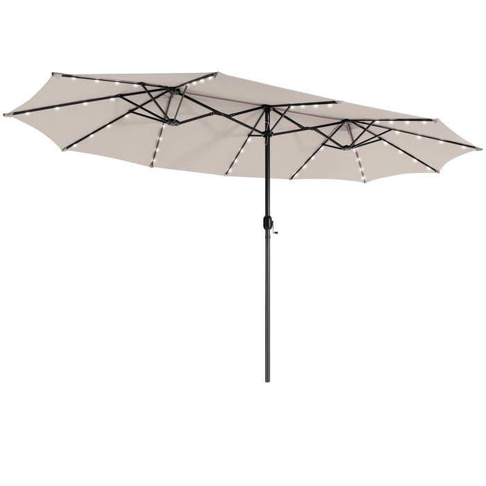 460 cm Twin Patio Umbrella with 48 LED Lights and Auto-Charging Solar Panel-Beige