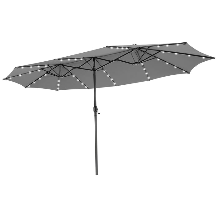 460 cm Twin Patio Umbrella with 48 LED Lights and Auto-Charging Solar Panel-Beige