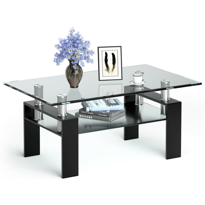 Modern Glass Coffee Tea Table with Open Shelf-