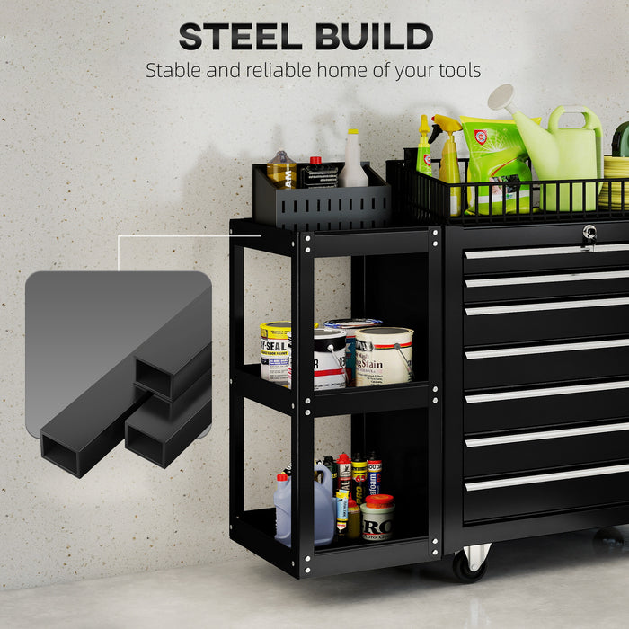 HOMCOM Lockable Steel Tool Chest on Wheels, 7 Drawer Tool Box with Handle for Workshop, Garage, Black