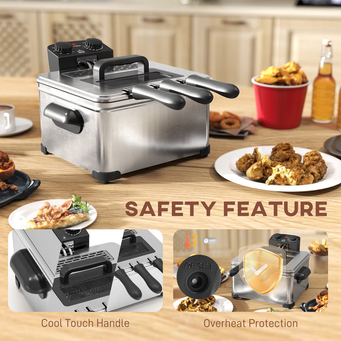 HOMCOM 5 Litre Deep Fat Fryer with Adjustable Temperature & Timer, 2000W Stainless Steel Deep Fryer with Removable Oil Basket and Viewing Window, for Chips Fried Chicken