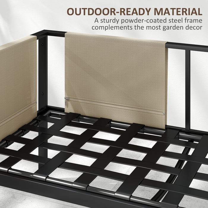 Outsunny 4 Piece Metal Garden Furniture Set with Tempered Glass Coffee Table, Breathable Mesh Pocket, Outdoor Conversational Corner Sofa Loveseat with Padded Cushions, Khaki