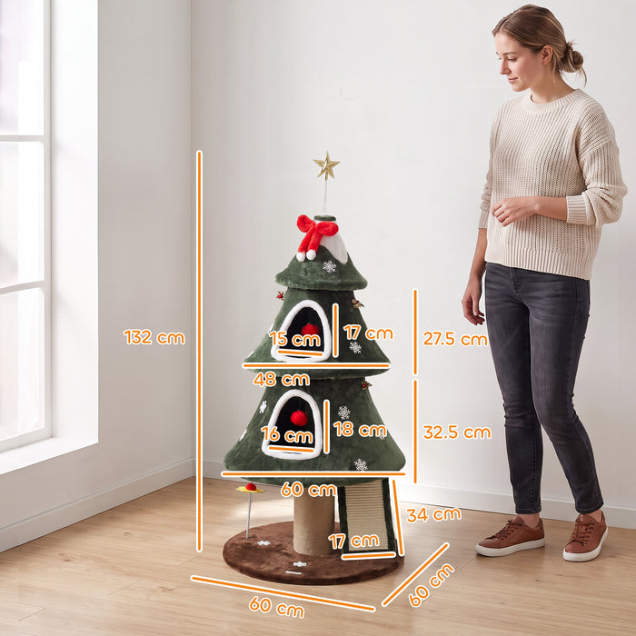 PawHut Cat Tree, Christmas Cat Tower with Dual Condos, Sisal Ladder, Jute Posts, Anti-Tip Rope, Hanging Balls, 60 x 60 x 132 cm