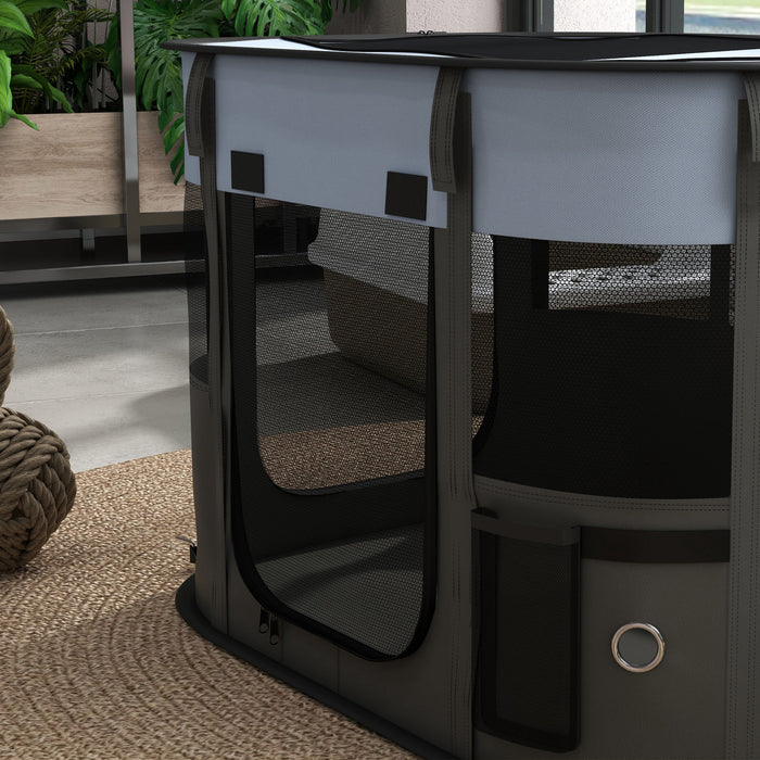 Foldable Canine Playpen - Indoor/Outdoor Portable Pet Enclosure with Carrying Case - Ideal for Puppy Play and Training, Grey