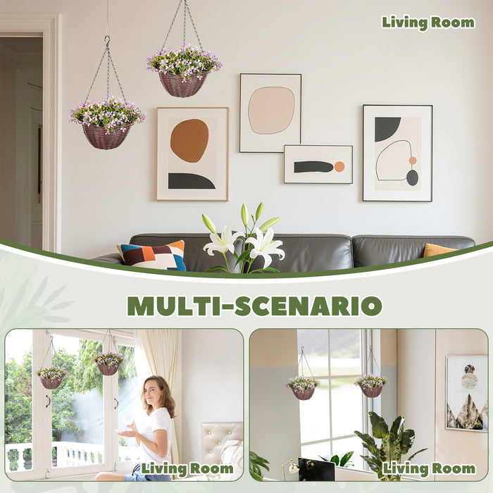 HOMCOM Artificial Flowers in Basket Set of 2, Artificial Hanging Baskets with 75 Leaves and 15 Flowers in Pot, Decorative Plant for Home Office Decor, Purple