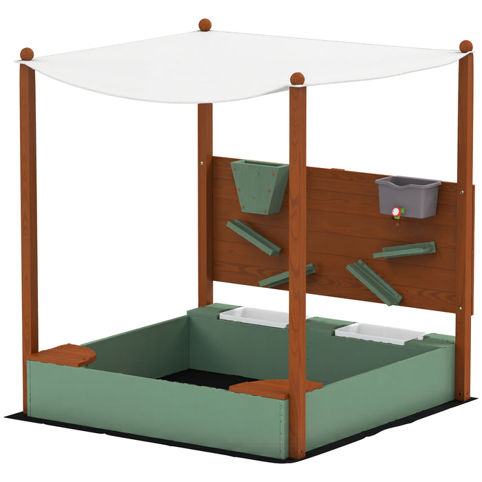 AIYAPLAY Wood Sandpit with Canopy, Storage Bins, Funnel, Liner, Chutes, Bucket with Tap, 116 x 112.5 x 128 cm, Green