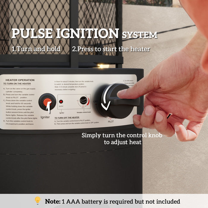 Outsunny 11 KW Freestanding Gas Patio Heater, Adjustable Outdoor Garden Propane Heater with Tip-Over Switch, Wheels, Pulse Ignition, Tank Room with Door, Black