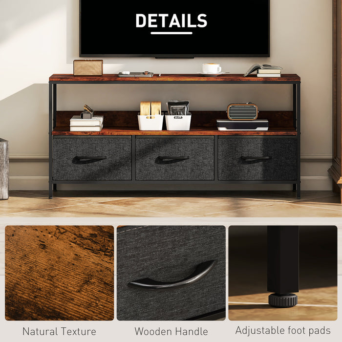 HOMCOM TV Stand Cabinet with 3 Foldable Drawers - Rustic Brown