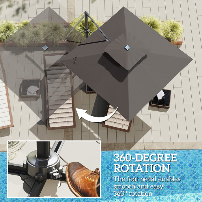 Outsunny 3.5x3 m Garden Cantilever Parasol with Solar LED Lights and Centre Light, Aluminium Large Square Patio Umbrella, UPF50+ Hanging Sun Shade with Cross Base, Crank Handle and Tilt, Grey