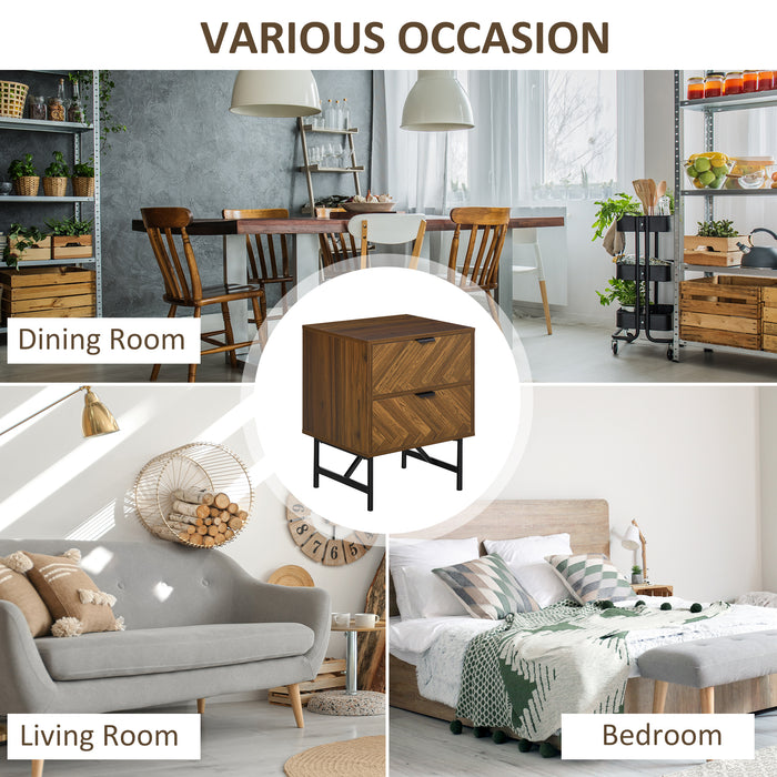 HOMCOM Bedside Table Set of 2 with 2 Drawers, Modern Side Tables with Herringbone Pattern and Metal Legs for Bedroom, Living Room, Walnut Brown