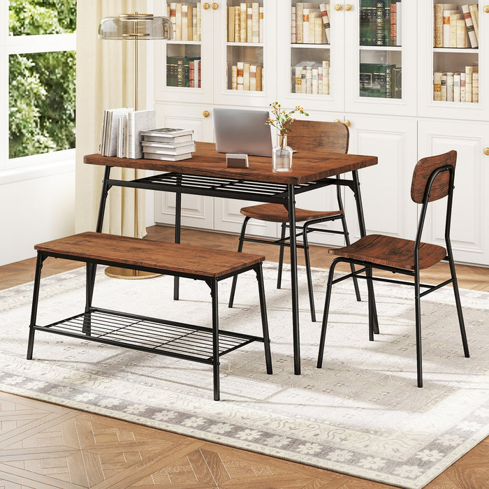 4-Piece Dining Table Set Metal with Bench and Storage Racks-