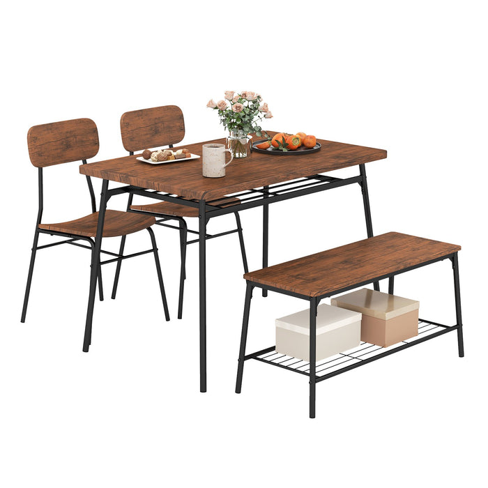 4-Piece Dining Table Set Metal with Bench and Storage Racks-