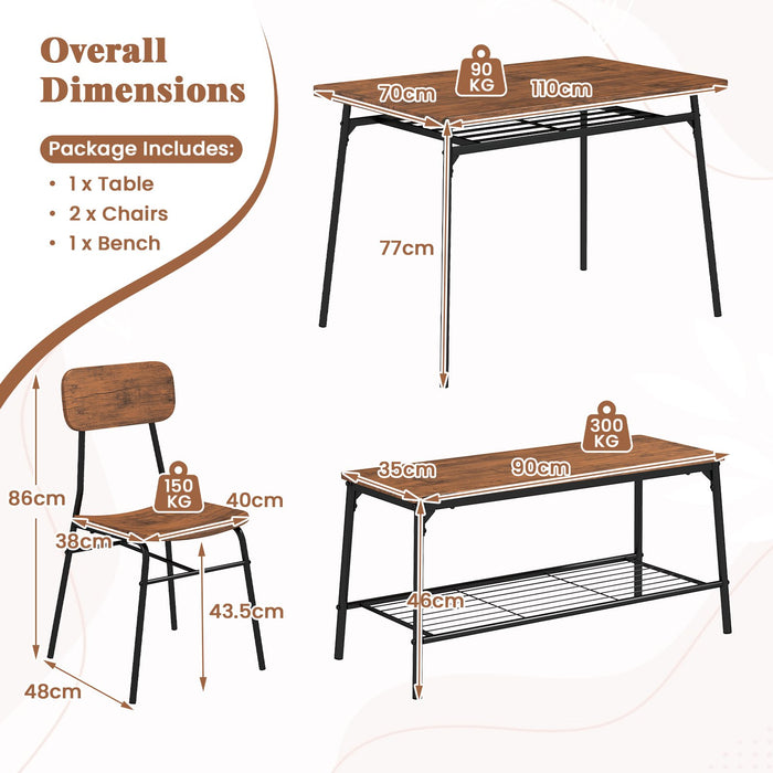 4-Piece Dining Table Set Metal with Bench and Storage Racks-
