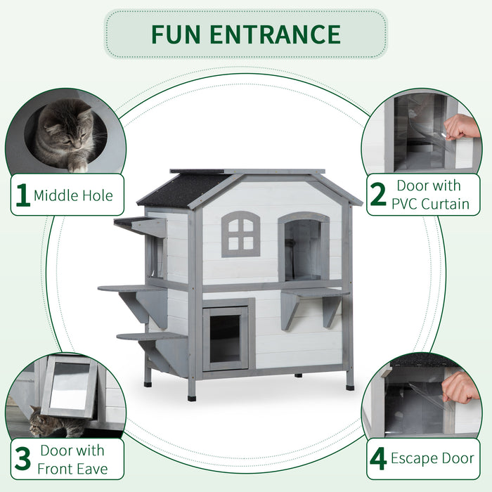 2-Story Kitty Condo with Escape Hatch - Indoor/Outdoor Weatherproof Cat Shelter, White Finish - Safe Haven for Felines in Varied Climates
