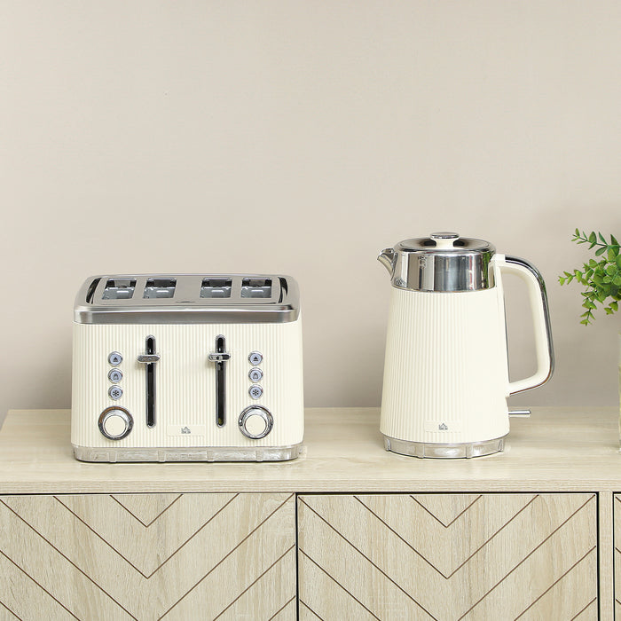 HOMCOM Electric Kettle and Toaster Set, 3000W 1.7L UK Strix Thermostat Rapid Boil Jug Kettle with Limescale Filter, Cool Touch Body, 4 Slice Toaster with 7 Browning Controls, Crumb Tray, Cream