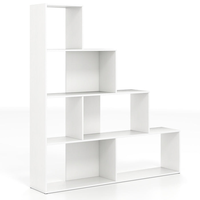 4-Tier Stepped Bookshelf Modern Ladder Bookcase with 6 Storage Cubes-Natural