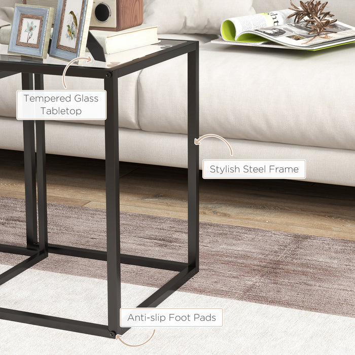 HOMCOM Nesting Tables Set of 2, Side End Table with Tempered Glass Top and Steel Frame for Living Room, Bedroom, Black