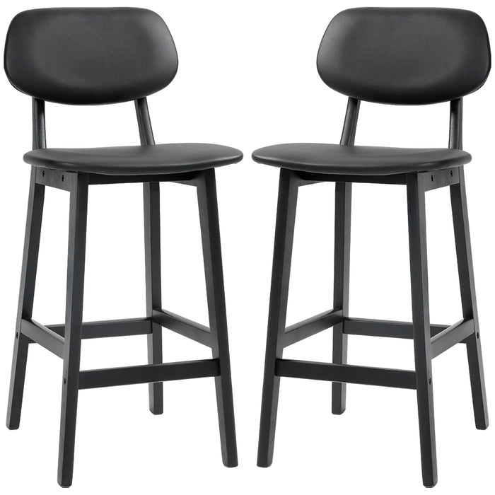 Modern Breakfast Bar Stools Set of 2 - Faux Leather Upholstered Chairs with Wood Legs and Backs, Black - Ideal for Kitchen and Dining Comfort