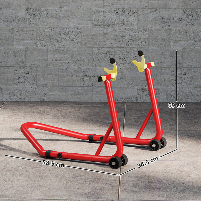 HOMCOM Motorcycle Rear Wheel Stand, 544 kg Capacity Heavy Duty Steel Motorbike Motorcycle Paddock Stand Lift with Adjustable U + L Forks, Wheels, Non-Slip Pads for Workshop Garage Repair, Red