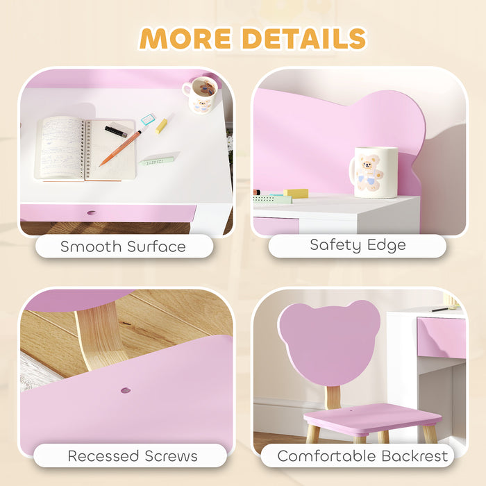 AIYAPLAY Kids Desk and Chair Set with Drawer for Drawing, Reading, Bear Theme Children Furniture for Bedroom, Daycare, Pink