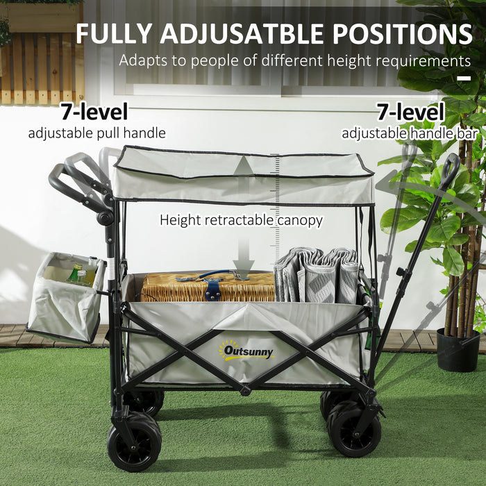 Beach Trailer Folding Cart with Canopy - 4-Wheel Storage Wagon, Pull/Push Handle for Outdoor Use - Ideal for Camping and Beach Trips, Grey