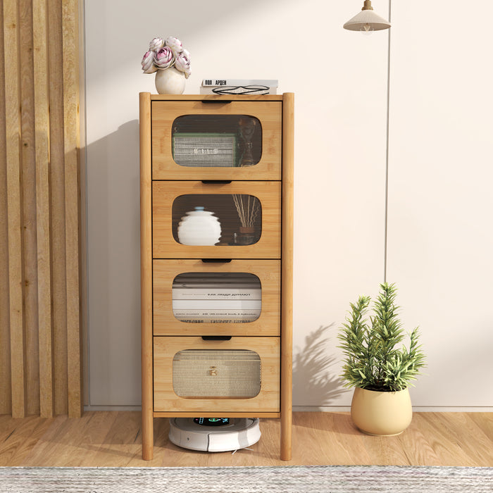 4-Drawer Dresser Bamboo Storage Cabinet with Fluted Tempered Glass Drawers-