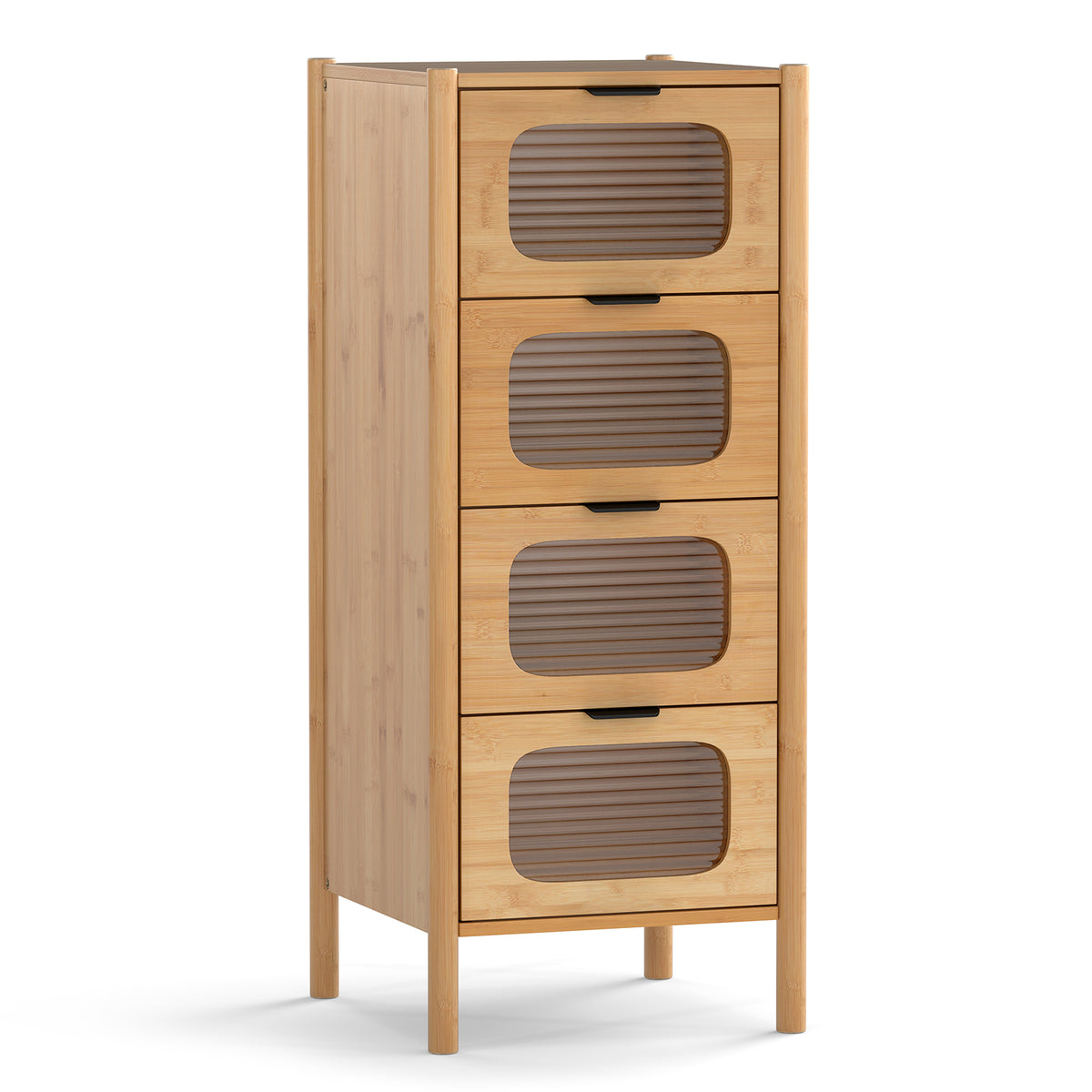 4-Drawer Dresser Bamboo Storage Cabinet with Fluted Tempered Glass Drawers-