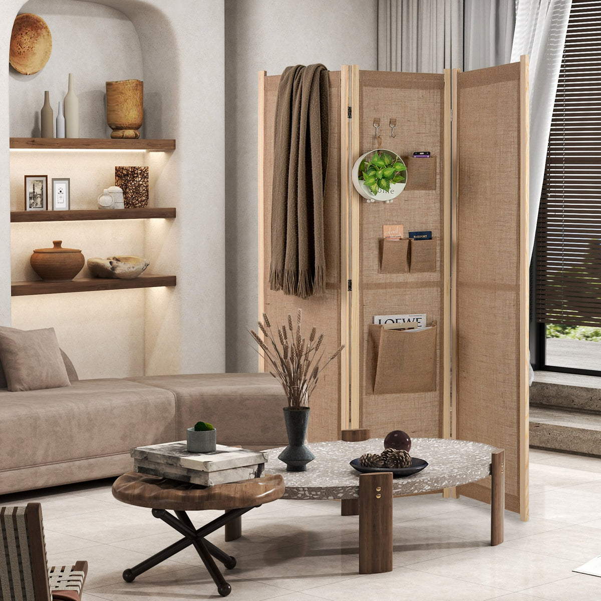 3 Panel Faux Linen Room Divider with Storage Bags-