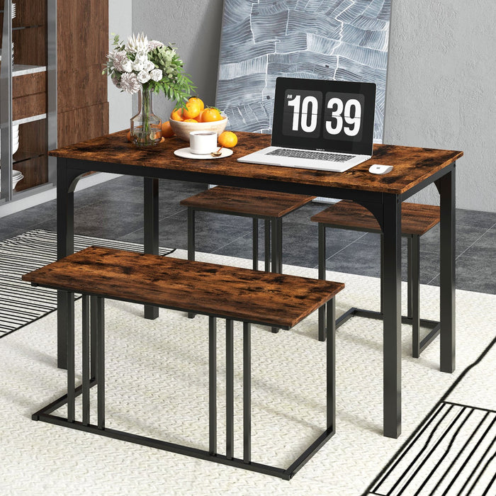 4-Piece Dining Table Set with Bench and 2 Stools for 4 Persons-
