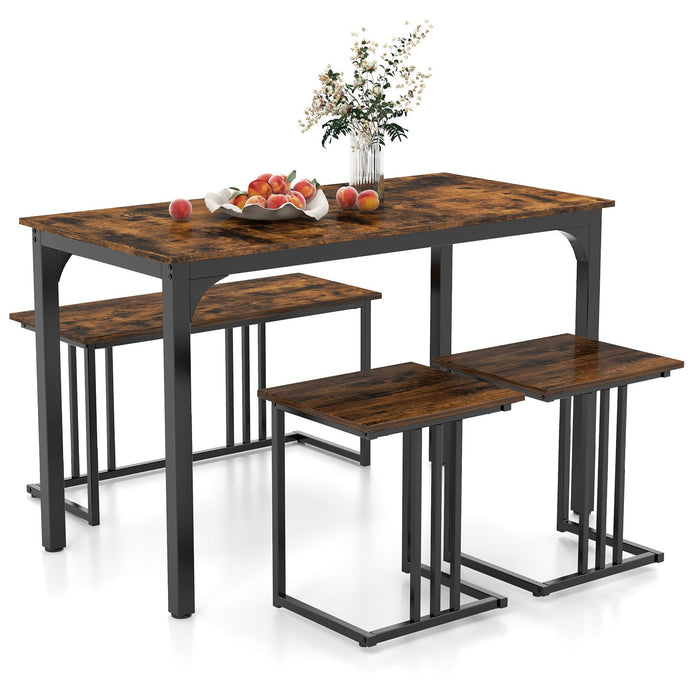 4-Piece Dining Table Set with Bench and 2 Stools for 4 Persons-