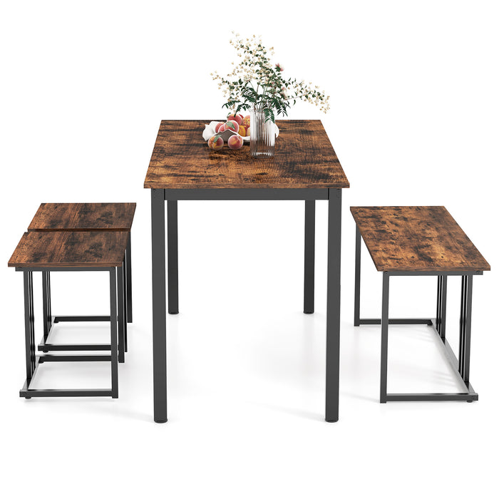 4-Piece Dining Table Set with Bench and 2 Stools for 4 Persons-