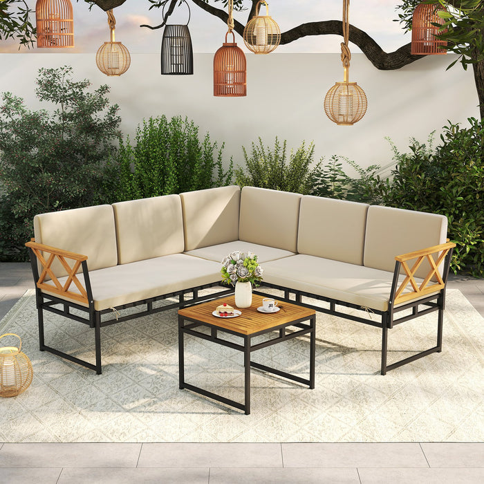 4 Piece Patio L-Shaped Sofa Set Acacia Wood Metal Sectional Sofa Set-Beige