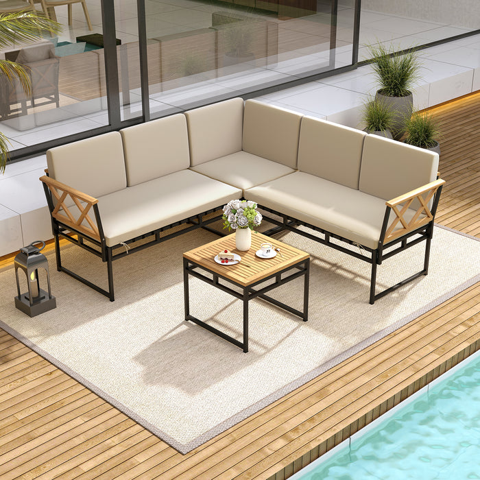 4 Piece Patio L-Shaped Sofa Set Acacia Wood Metal Sectional Sofa Set-Beige