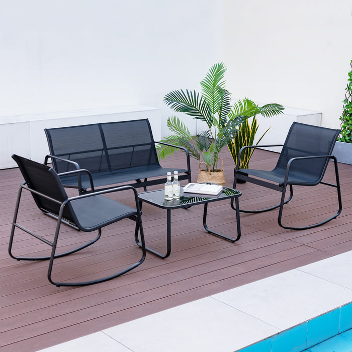 Outdoor Furniture Collection - 4-Piece Patio Rocking Set with Glass-Top Table - Perfect for Relaxing Outdoors and Social Gatherings
