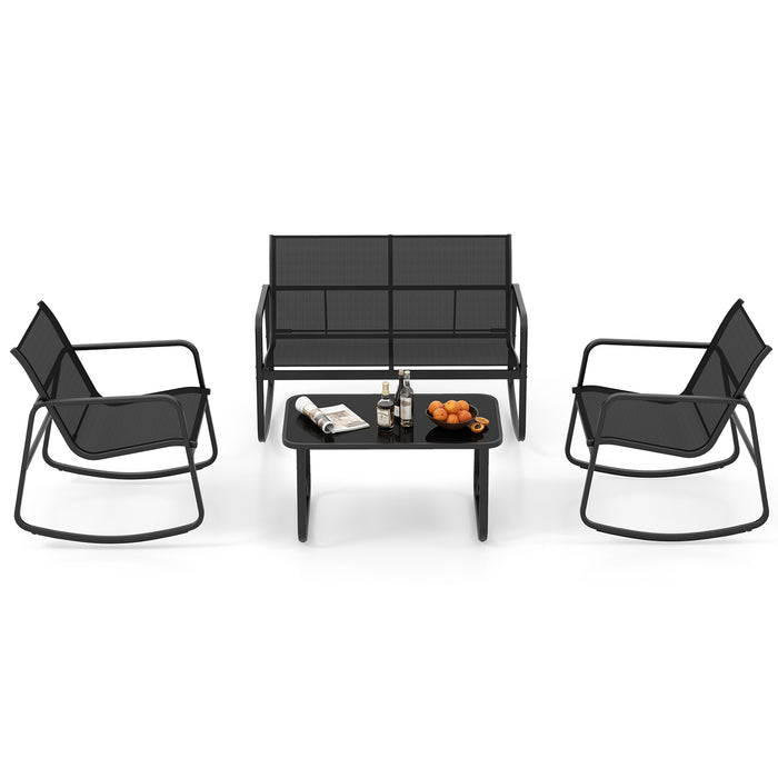 Outdoor Furniture Collection - 4-Piece Patio Rocking Set with Glass-Top Table - Perfect for Relaxing Outdoors and Social Gatherings