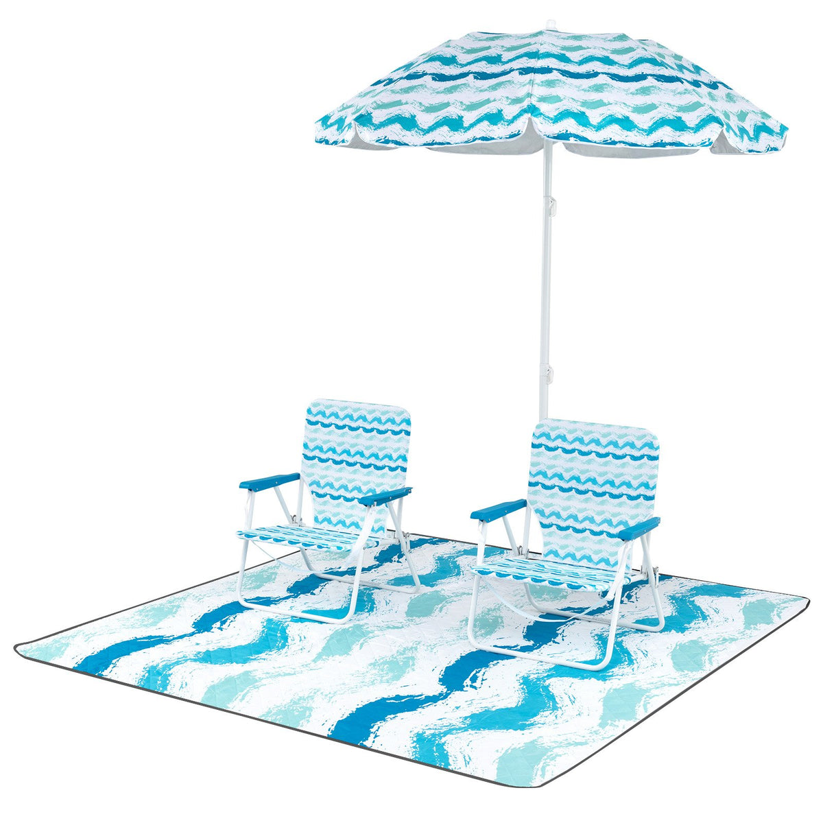 4 Pieces Beach Umbrella Set with 2 Foldable Chairs and Picnic Blanket-
