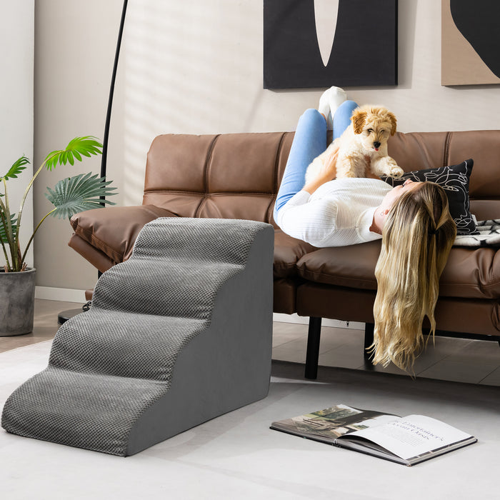 4-Tier Foam Dog Ramp with Washable Zippered Cover and Silicone Paw Prints-Grey