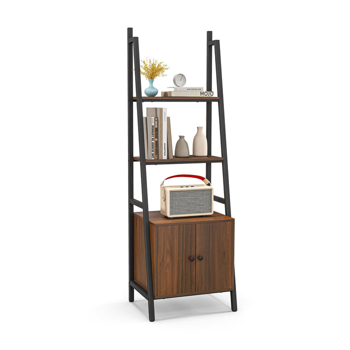 4-Tier Ladder Shelf with Cabinet Industrial Bookcase with Metal Frame-Rustic Brown