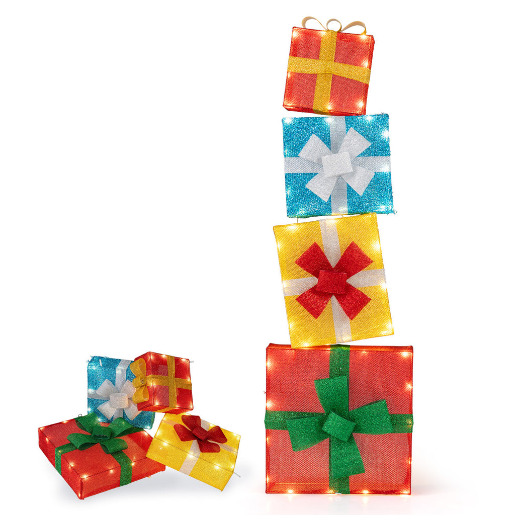 4 Ft Lighted Stackable Gift Boxes with LED Lights and Bows