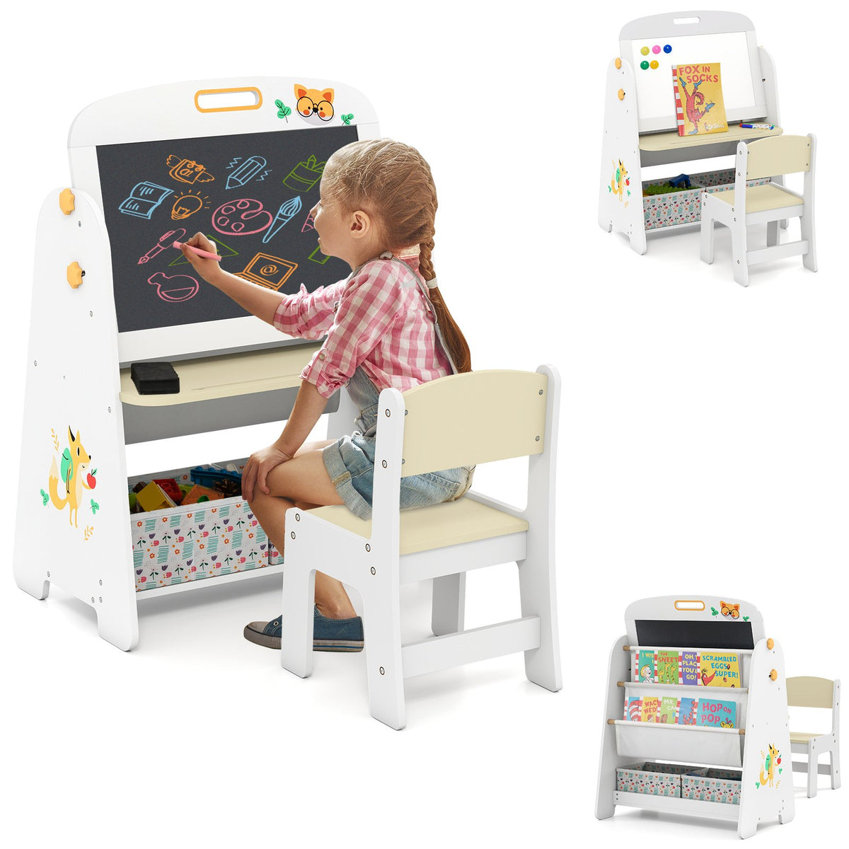 4-in-1 Art Easel and Bookshelf with Magnetic Whiteboard and Blackboard-