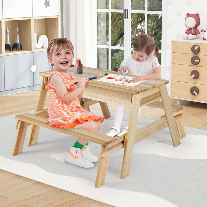 4 in 1 Wooden Table and Bench Set with Removable Top and 2 Storage Boxes-