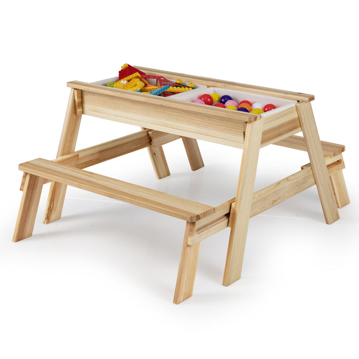 4 in 1 Wooden Table and Bench Set with Removable Top and 2 Storage Boxes-