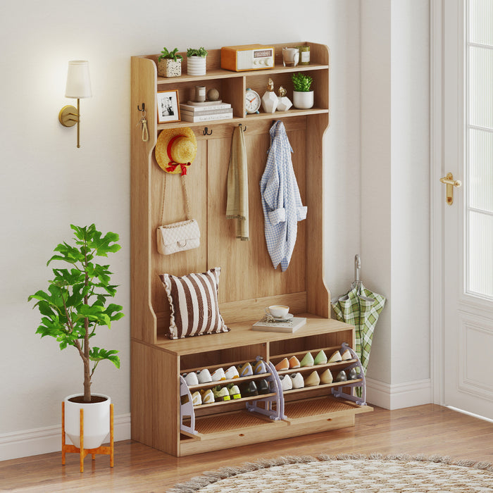 4-In-1 Hall Tree with Coat Rack and Flip Drawers-