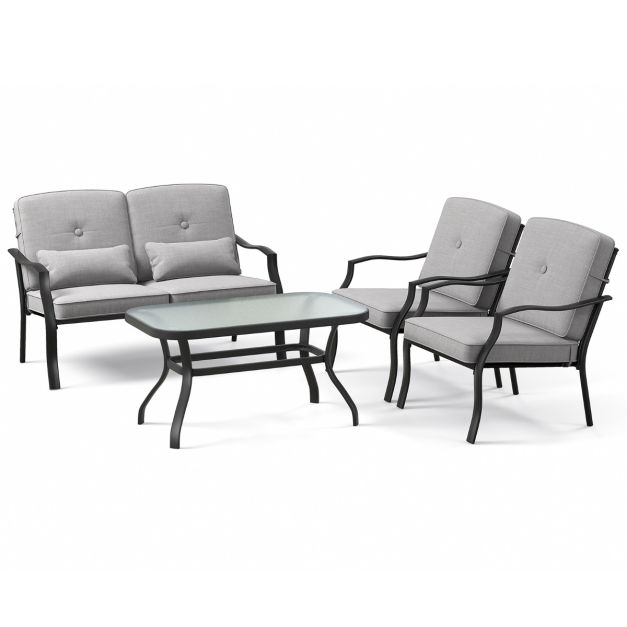 Model X4 Patio Furniture Set - 4-Piece Outdoor Conversation Kit, Grey with Tempered Glass Coffee Table - Perfect for Garden and Yard Social Gatherings