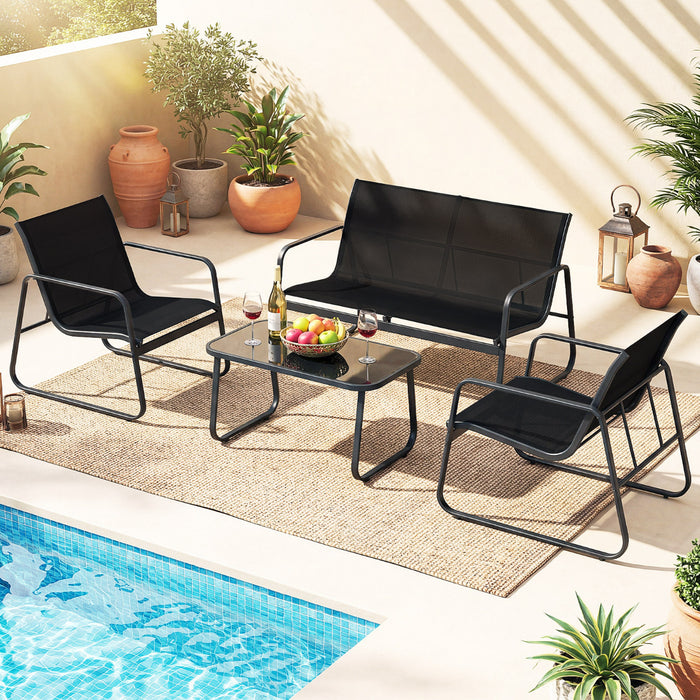 4 Pieces Patio Conversation Set with Cushions and Tempered Glass Coffee Table-